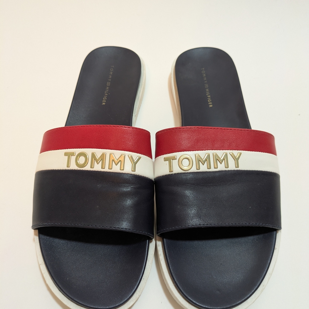 Tommy Hilfiger Red, White, and Blue Slides Size 8M